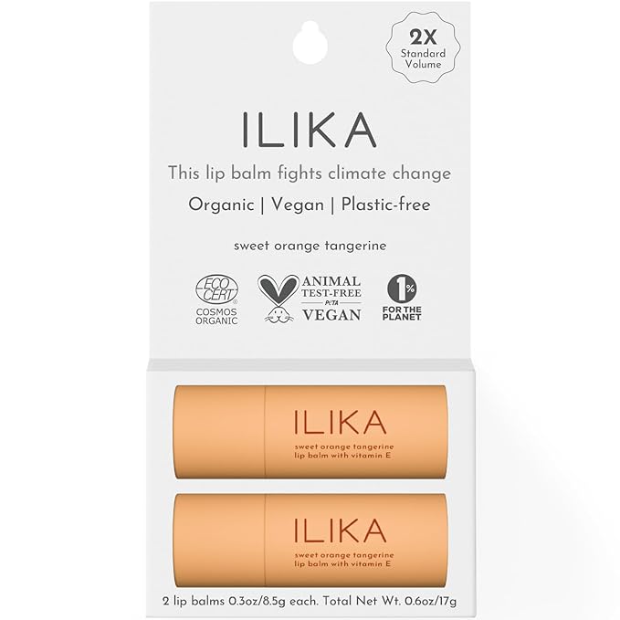 ILIKA 100% Natural Lip Balm - 2X Volume, Organic, Plastic-free, Vegan, Cruelty-Free, COSMOS Certified Organic, PETA Certified, Plant-Based, Biodegradable Tube, 2 Pack, Orange Tangerine - 0.3 Oz each