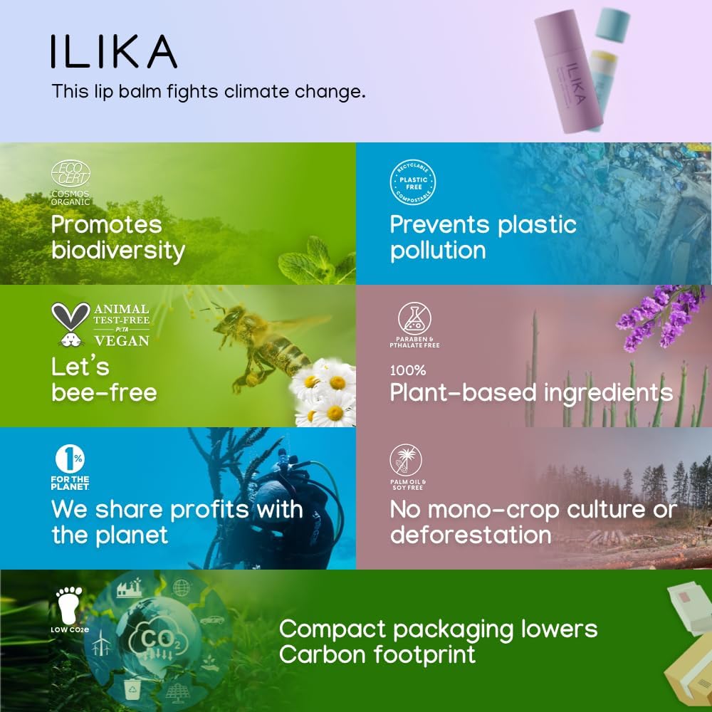 ILIKA 100% Natural Lip Balm - 2X Volume, Organic, COSMOS Certified Organic, PETA Certified, Plant-Based, Biodegradable Tube, 2 Pack - Unscented andVanilla & Peppermint - 0.3 oz each
