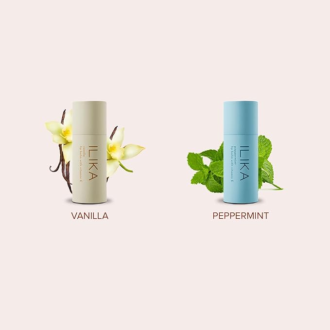 ILIKA 100% Natural Lip Balm - 2X Volume, Organic, COSMOS Certified Organic, PETA Certified, Plant-Based, Biodegradable Tube, 2 Pack - Unscented andVanilla & Peppermint - 0.3 oz each